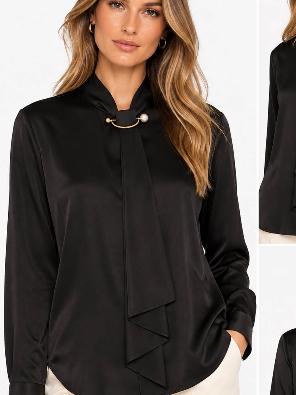 LILYSILK Feminine Stand Collar Silk Drape Blouse Black XL